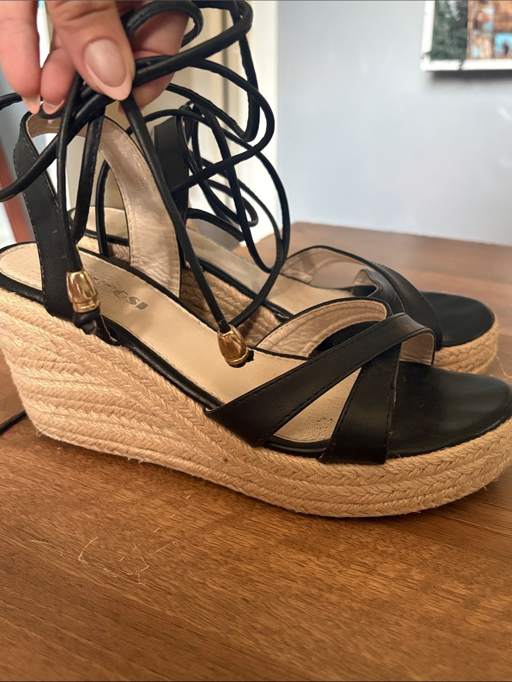 Ankle lace up black wedges